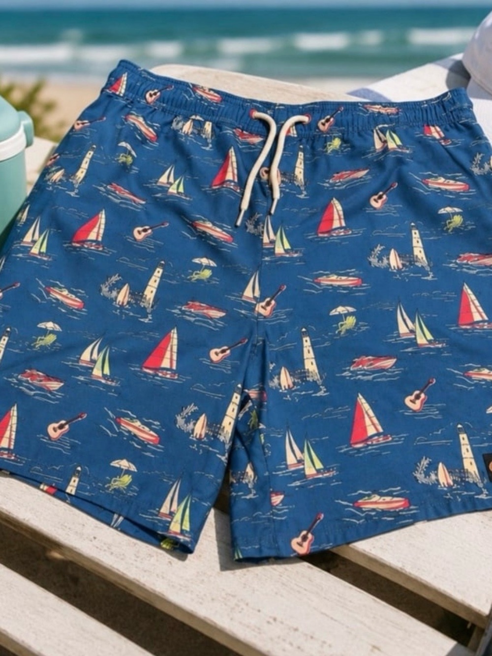 Vineyard Vines Swim Trunks Blue Coastal Nautical Print Boys - XL